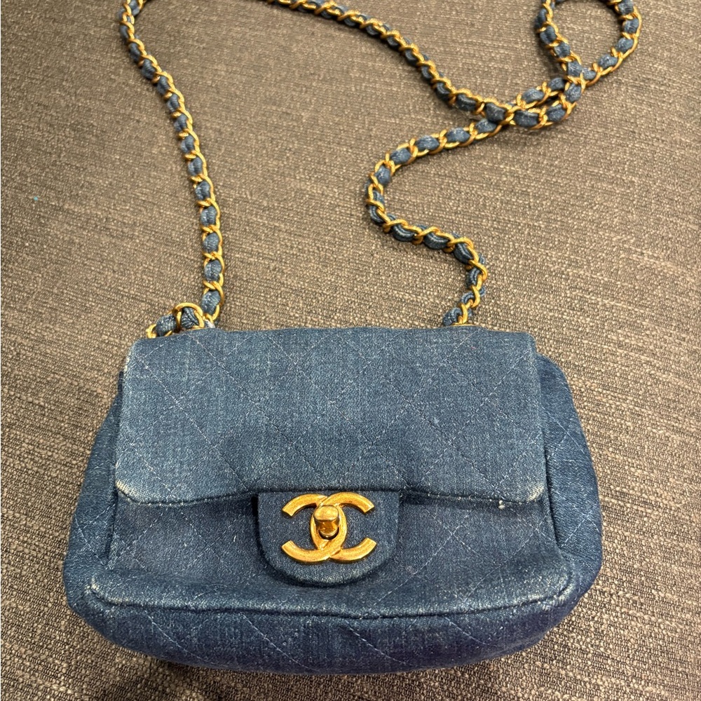 Chanel Denim Crossbody Bag with Gold Chain